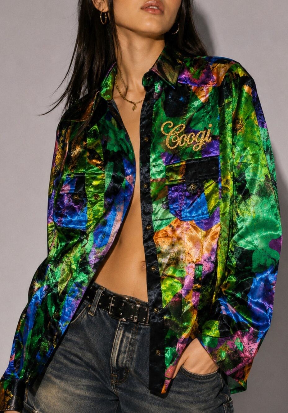 COOGI Vintage Multicolor Abstract Button Up Shirt Jacket Size M Y2K Rhinestone